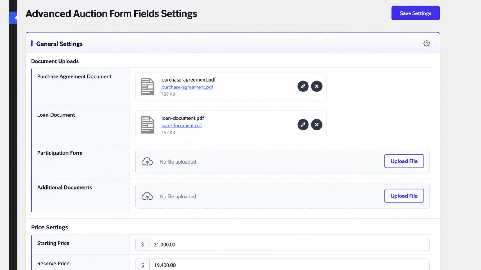 A Settings Page as editors see it